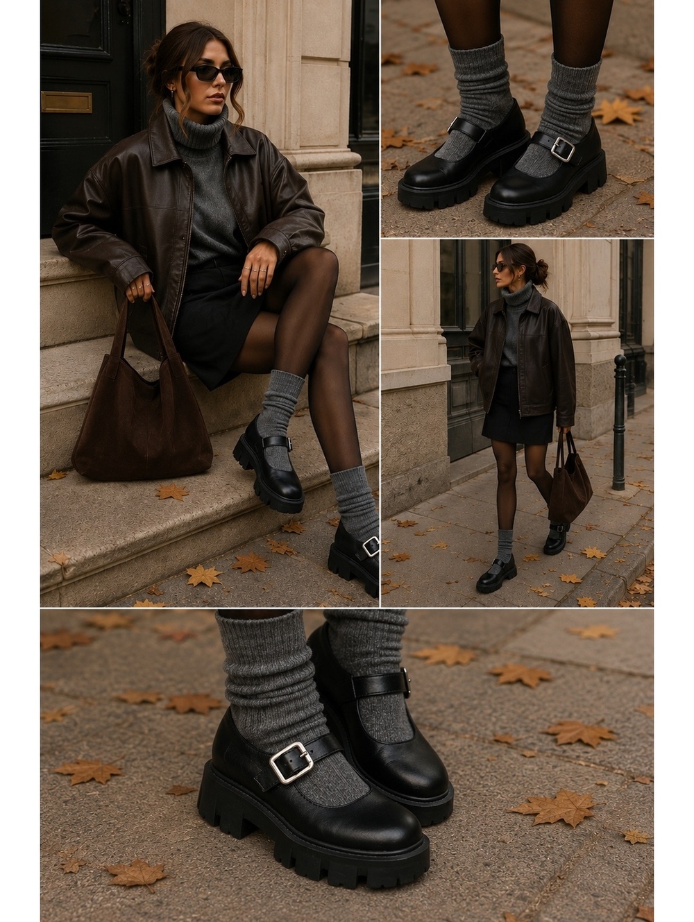 B2 Madison Black Leather Chunky Lug Sole Mary Jane Shoes US 7 Fall